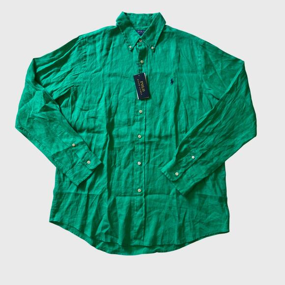 Polo Ralph Lauren Shirt Mens Large Green Classic 100% Linen button Long Sleeve - Picture 1 of 11